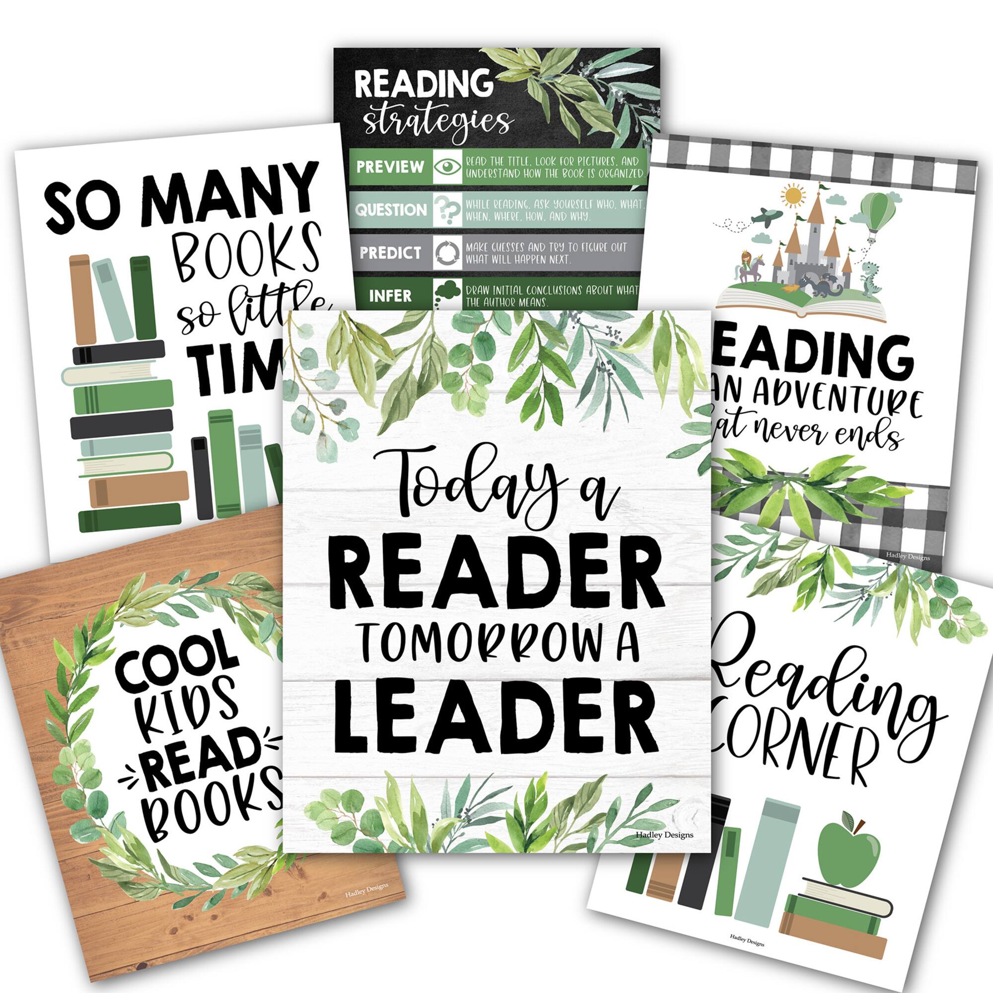 Hadley Designs 11" x 14" Farmhouse Greenery Reading Posters for Classroom Library Décor Set